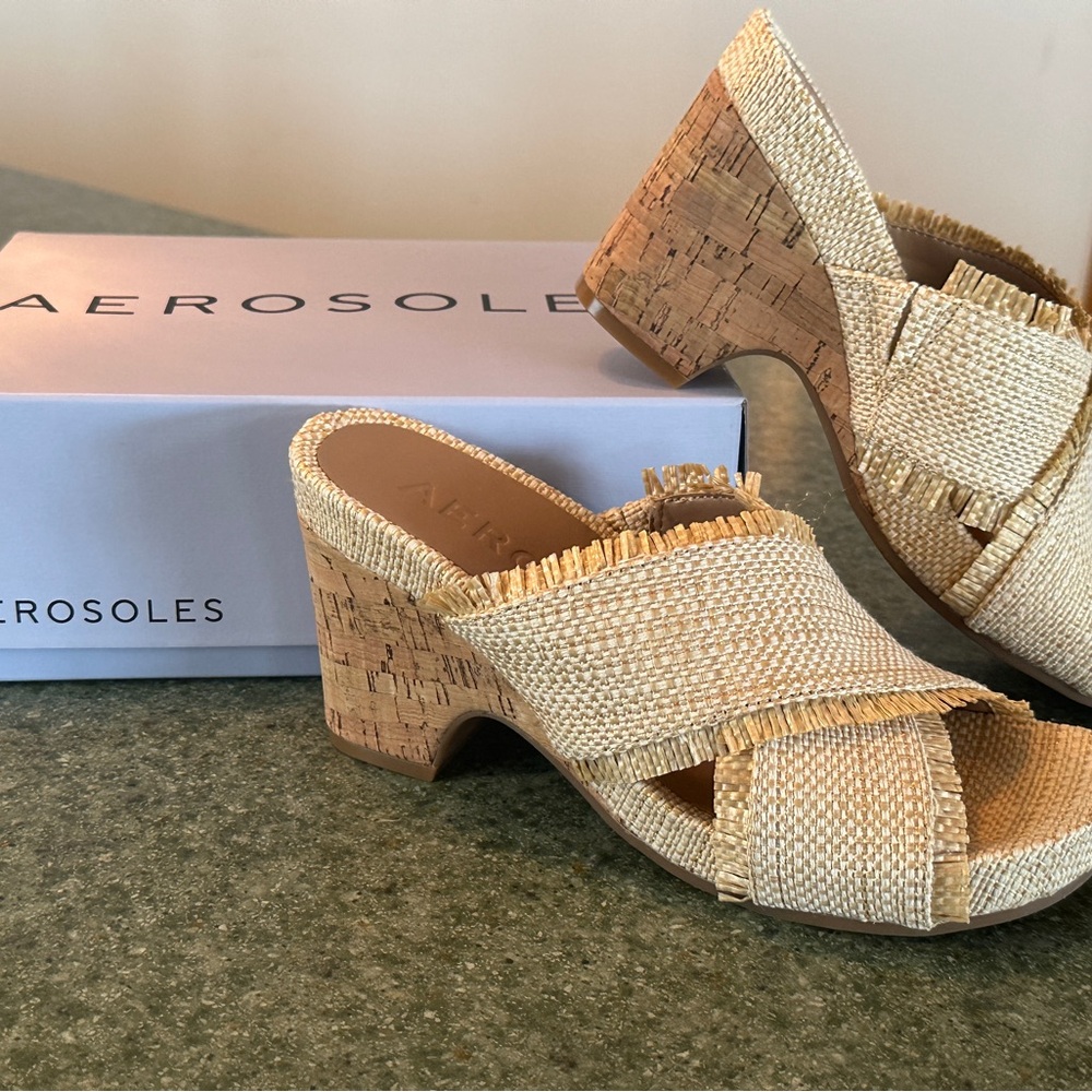 AEROSOLES Tan Woven Mules with Cork Heel